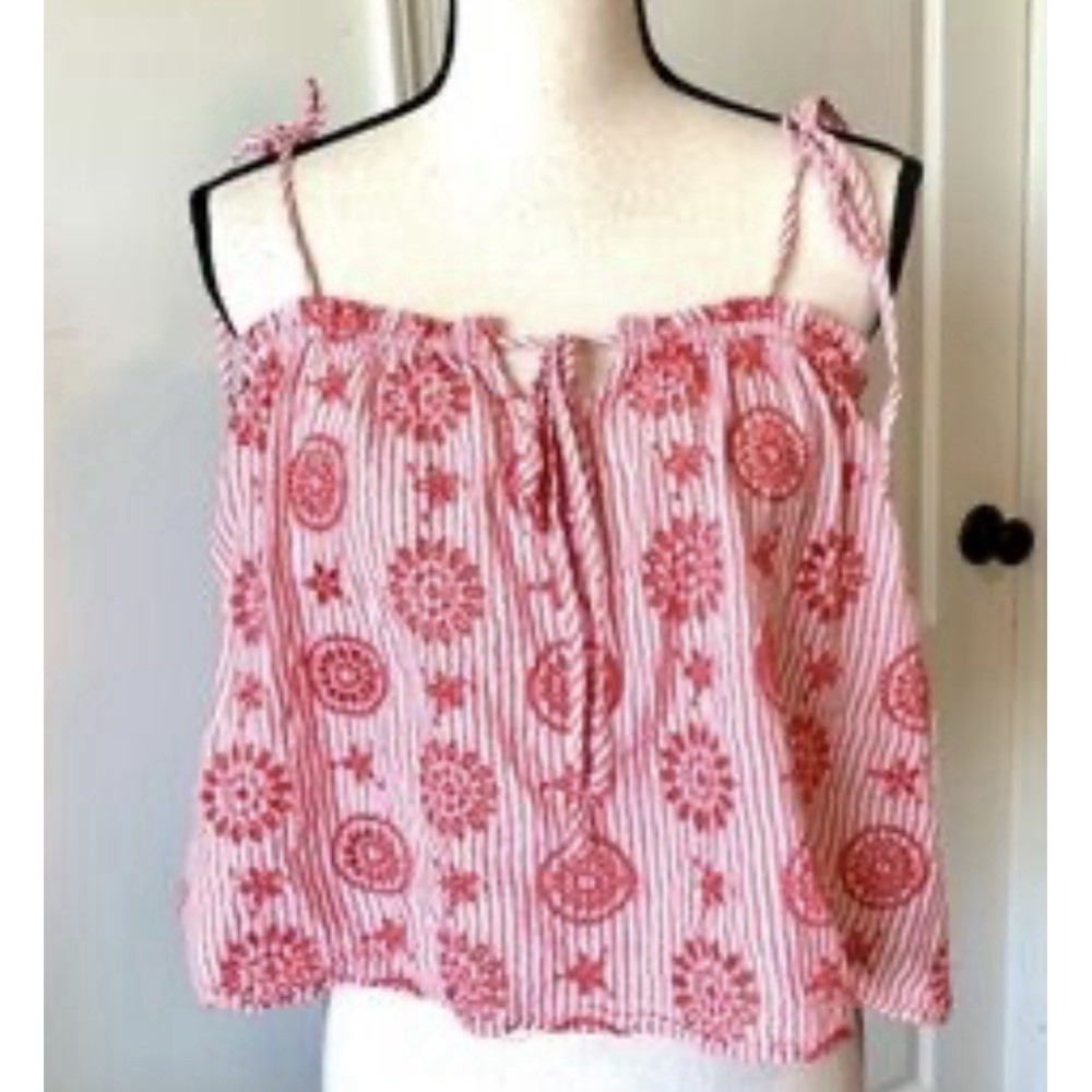 Aerie Women Tank Top M embroidered Lightweight Bohemian Casual Red Cropped